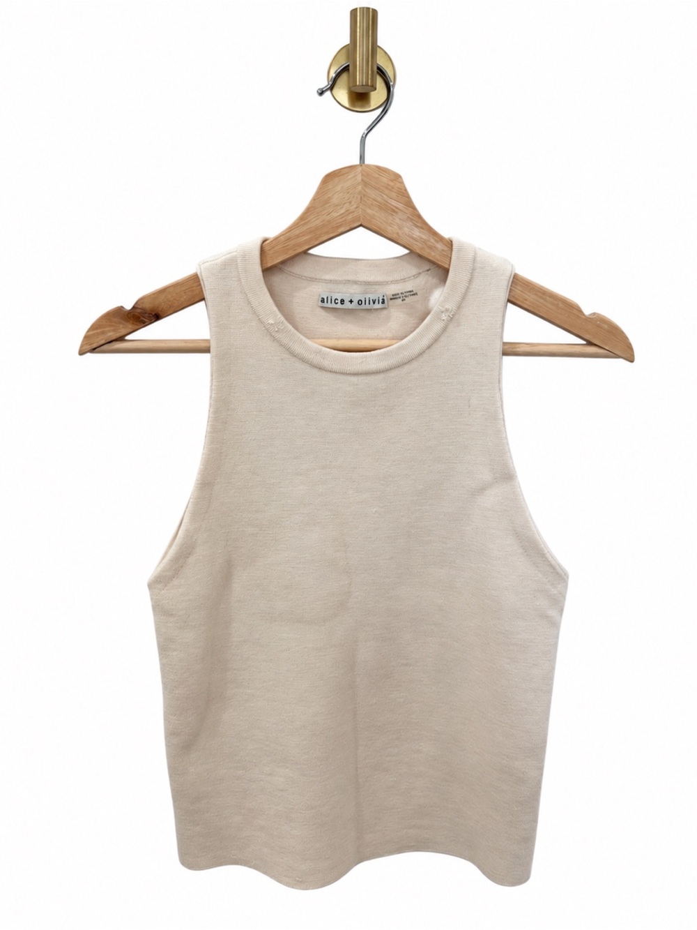 Alice + Olivia Cream Ribbed High-Neck Tank